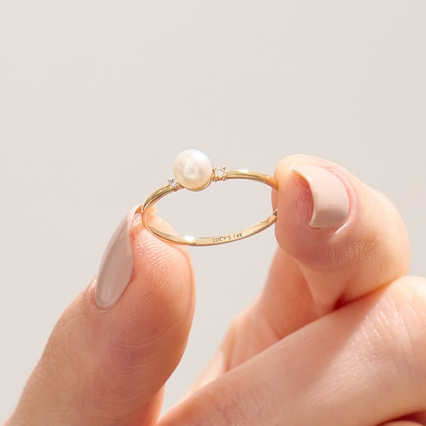 14k Solid Gold Pearl Engagement Ring with Tiny Diamond, Stunning Freshwater Pearl Ring, Dainty Minimalist Daily Ring, Handmade Stacking Ring