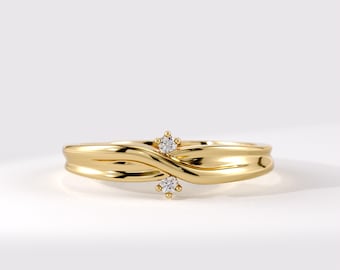 Diamond Wedding Band, Thin 14K Solid Gold Bridal Ring, Natural Diamond Curved Wedding Band for Women, Delicate Bridal Band, Anniversary Gift