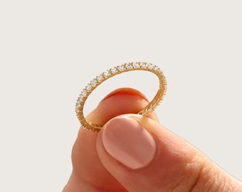 Diamond Eternity Band Ring, 14k Solid Gold Skinny Wedding Ring, Dainty Pave Stacking Ring, Solid Gold Bridal Gift for Her, Jewelry Gifts