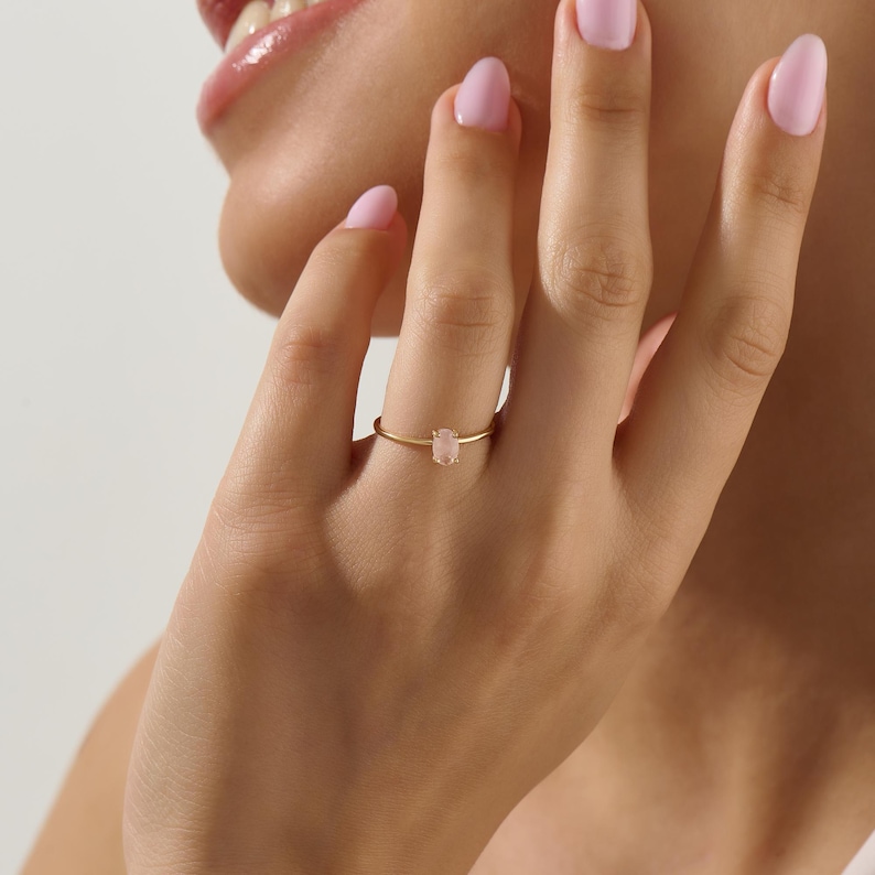 Pink Quartz Ring, Gold Engagement Ring for Women, 14k Solid Gold Solitaire Ring, Oval Pink Gemstone Ring, January Birthstone Proposal Ring image 6