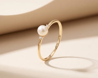 14K Solid Gold Pearl Engagement Ring Three Stone Fresh Water Moissanite Accent Band Minimalist Stacking Bridal Jewelry Gift for Girlfriend