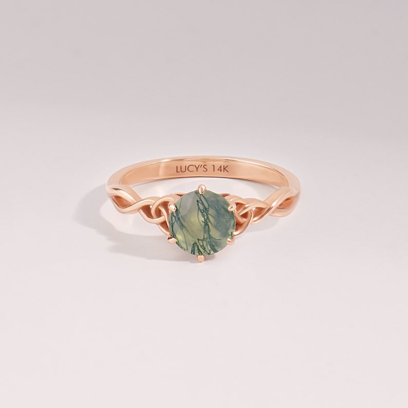 14k Gold Moss Agate Round Celtic Ring, Solid Gold Solitaire Engagement Ring, Irish Love Knot Promise Ring, Green Agate Natural Ring image 7