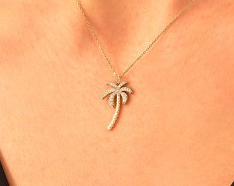 Diamond Palm Tree Pendant, 14k Solid Gold Summer Beach Jewelry Necklace, Ladies Dainty Layering Necklace, Handmade Yellow Rose White Gold