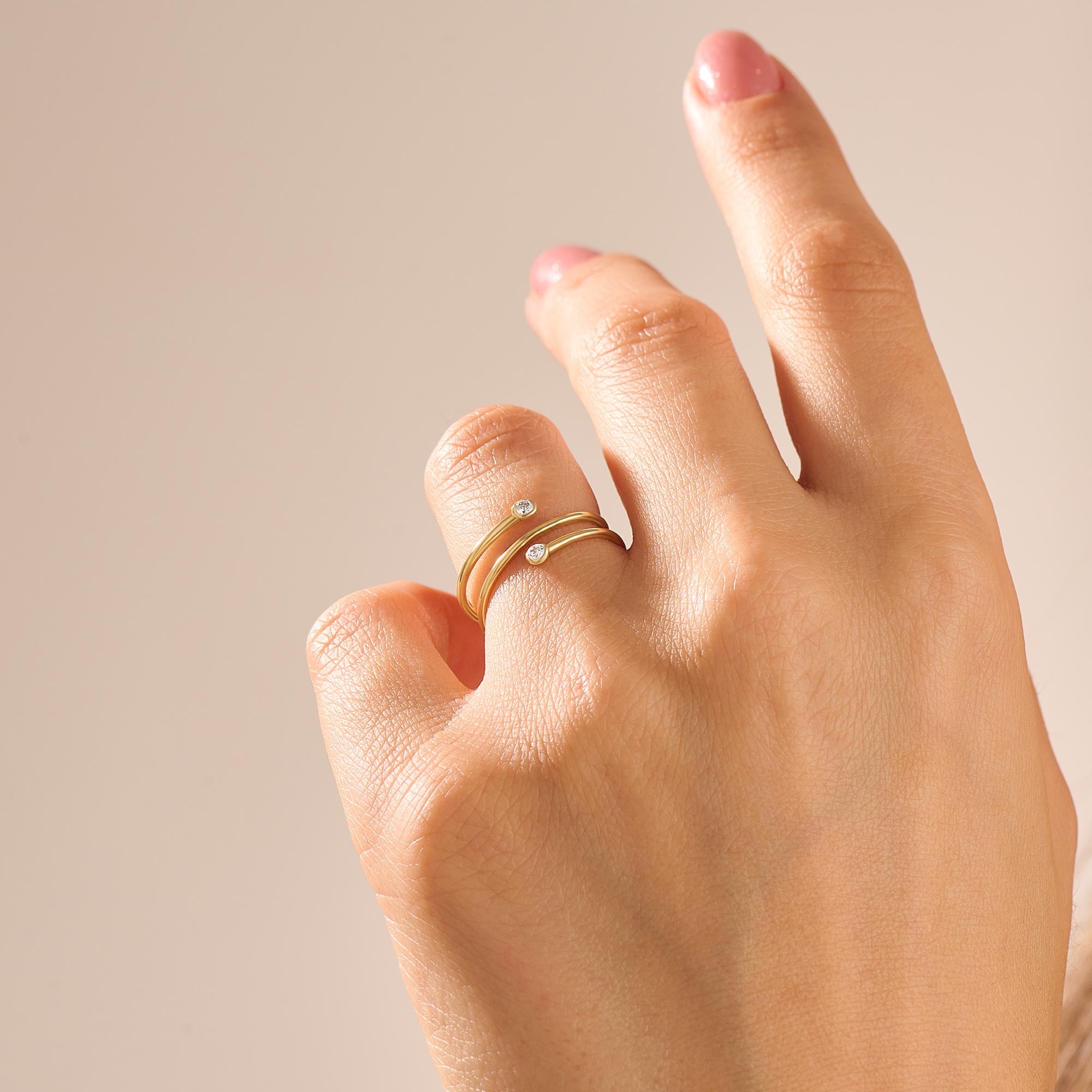 Bezel Diamond Coil Ring / Wrap Around Ring / Dainty Double