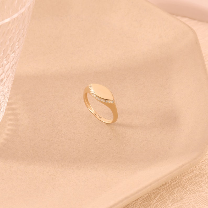 Diamond Pave Marquise Signet Ring 14k 18k 10k Solid Gold Statement Ring Unique Pinky Ring Women Engraved Graduation Ring Midi Ring image 6