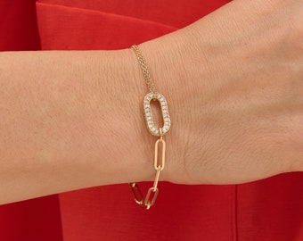 Diamond Chain Bracelet,14k Gold Oval Bracelet,Unique Chain Bracelet,Solid Gold Statement Bracelet for Women,Paperclip Chain Diamond Bracelet