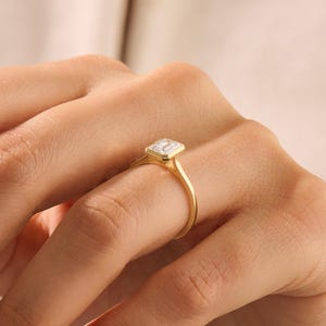 14k Solid Gold Emerald Cut Moissanite Ring, Bezel Set Engagement Ring, 1ct Lab Diamond Solitaire, Handmade Simple Bridal Jewelry Gift Women