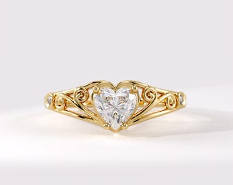 Anillo de promesa para ella, anillo de corazón de moissanita de oro macizo de 14 quilates, anillo de filigrana vintage con nudo celta, anillo de promesa de oro para mujer.