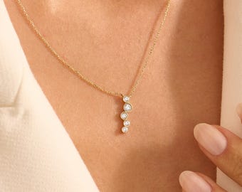 Gold Diamond Necklace, 14K Solid Gold Vertical Natural Diamond Necklace, Minimalist Real Gold Bezel Jewelry, Gift For Women