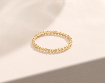 14k Solid Gold Beaded Stacking Ring – Slim Minimalist Gold Band, Dainty Textured Everyday Ring