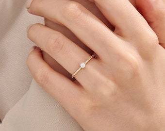 Diamond Engagement Ring - Minimalist Solitaire Ring Women - Half Eternity Accent Promise Ring - 0.30ctw Classic Solo Ring in 14k Solid Gold