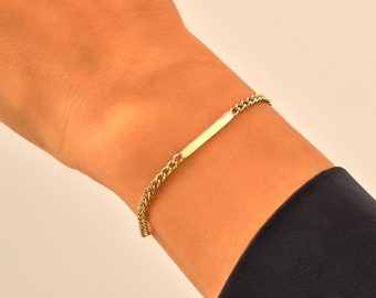 Solid Gold ID Bracelet – 14k Personalized Name Plate – Custom Engraved Bracelet for Women – Gift for Wife, Mom, or Her – Handmade Jewelry