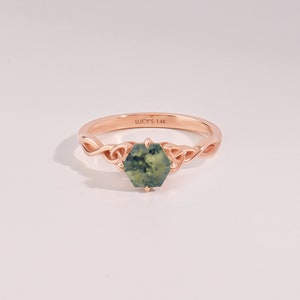 14 Kt Hexagon Moosachat Ring, Solid Gold Solitaire Jubiläumsring, Irischer Knoten Versprechensring, Aquatic Green Kristall Versprechensband Bild 7