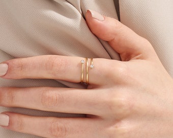 Bezel Diamond Coil Ring / Wrap Around Ring /Dainty Double Spiral Ring / Adjustable Pointer Finger Ring / 10k 14k 18k Solid Gold