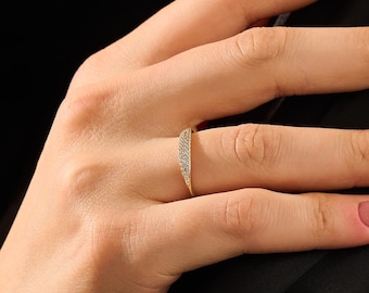 Pave Diamond Signet Ring, 14K Solid Gold Slim Dome Ring for Women, Natural Diamond Pave Band, Diamond Pinky Ring, Statement Stacking Gift