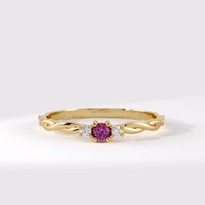 Twisted 14K Gold Ruby Ring, Minimalist Dainty Gold Band, Tiny Pink Gemstone Jewelry, Thin Stacking Band