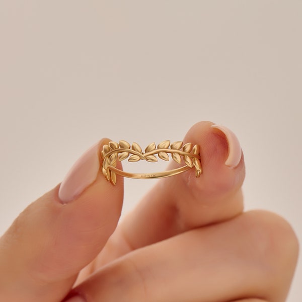 Anello ramo d'ulivo 14k, anello nuziale vite in oro massiccio da donna, delicato anello alloro, anello a fascia impilabile foglia, fede nuziale fiore, anello naturale