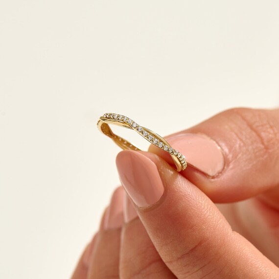 Diamond Twisted Pave Eternity Ring 14k Braided Wedding Band Women Dainty Stacking Ring Thin Crossover Layering Band Solid Gold Jewelry