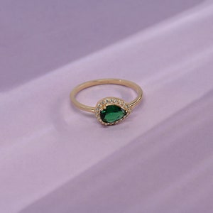 Pear Emerald Halo Ring 14k 10k 18k Solid Gold East West Emerald Ring Teardrop Green Engagement Ring Unique Solitaire Ring with Diamond image 8