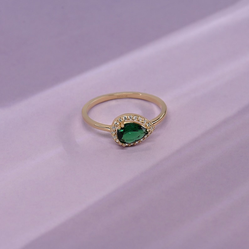 Pear Emerald Halo Ring 14k 10k 18k Solid Gold East West Emerald Ring Teardrop Green Engagement Ring Unique Solitaire Ring with Diamond image 8