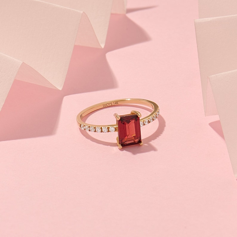 Baguette Garnet Solitaire Ring 14k Solid Gold Red Gemstone Ring Chunky Engagement Ring Women Gold Anniversary Ring with Side Stones image 6