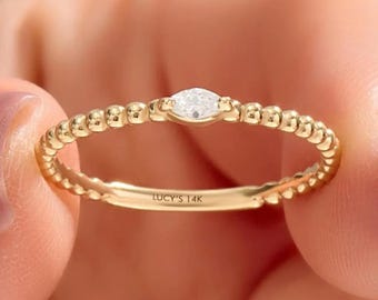 Lab Grown Diamond Beaded Ring in 10K or 14K Solid Gold,  Diamond Stackable Ring