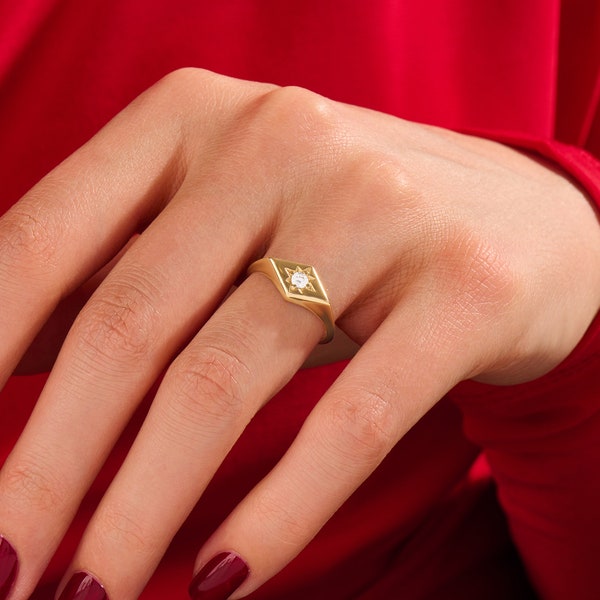 Diamond Rhombus Star Signet Ring | 14k 18k 10k Solid Gold Pinky Ring | Celestial Signet Ring Women | Geometric Star Ring Real Gold