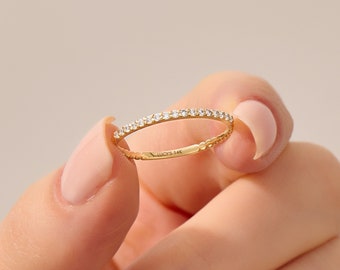 Diamond Thin Ball Stacking Ring, 14K Minimalist Wedding Rings for Women, Tiny Diamond Eternity Ring, Solid Gold Ring Enhancer, Gift for Her
