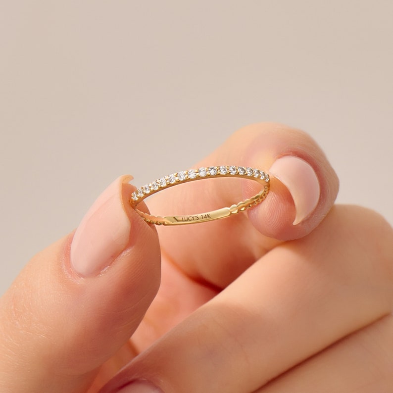 Diamond Thin Ball Stacking Ring, 14K Minimalist Wedding Rings for Women, Tiny Diamond Eternity Ring, Solid Gold Ring Enhancer, Gift for Her image 2