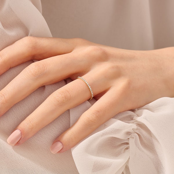 Diamond Thin Ball Stacking Ring, 14K Minimalist Wedding Rings for Women, Tiny Diamond Eternity Ring, Solid Gold Ring Enhancer, Gift for Her