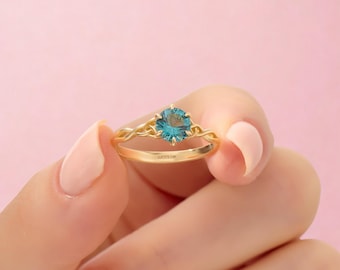 14K Solid Gold London Blue Topaz Ring – Celtic Knot Solitaire Engagement Ring, Promise Gift