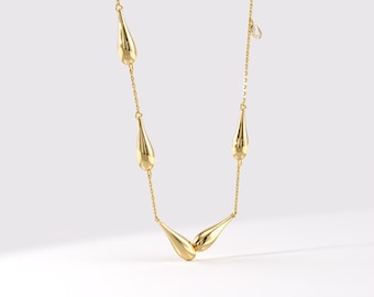 Diamond Drop Station Necklace, 14K Solid Gold Teardrop Charm Necklace, Elegant Real Gold Natural Diamond Statement Necklace, Gift For Her
