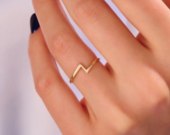 14k Solid Gold Lightning Fashion Ring | Minimalist Flash Statement Ring | Simple Zigzag Knuckle Ring Women | Basic Everyday Stackable Ring