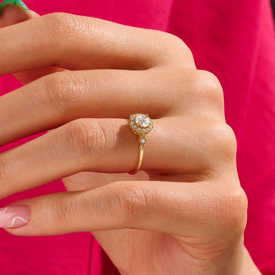 14k Gold Art Deco Halo Engagement Ring, Solid Gold Minimalist