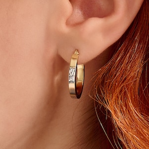 14k Real Gold Two Tone Hoop Earrings for Women, Yellow and White Gold Minimalist Jewelry, Lightweight Everyday Hoops, Gift Earrings for Her