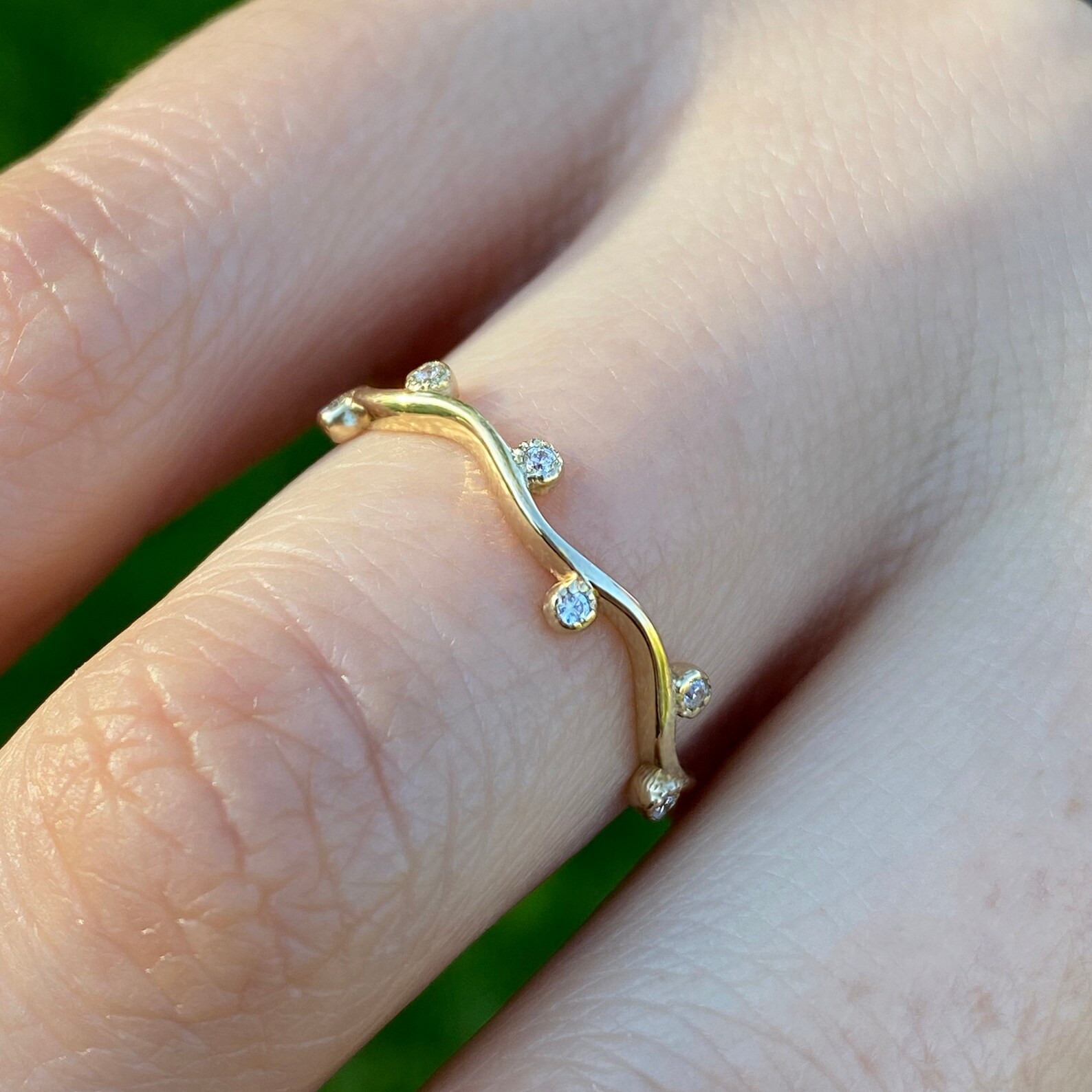 14k Solid Gold Diamond Delicate Vine Ring Diamond Leaf Ring Etsy