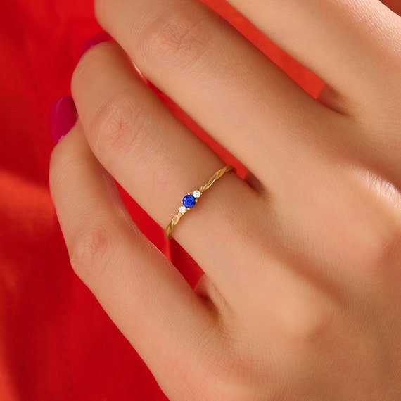 Sapphire Minimal Solitaire Ring Twist Promise Ring in 14k 18k 10k
