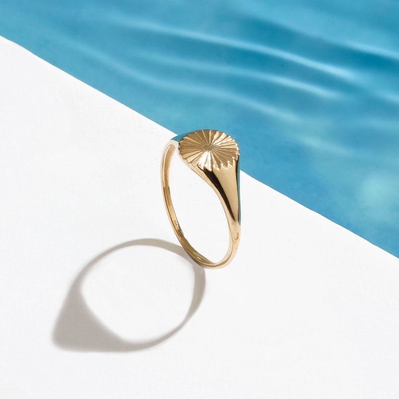 Solid Gold Sun Signet Ring, 14k Sunburst Statement Ring, Minimalist Sunrise Pinky Ring, Dainty Midi Ring For Women, Handmade Jewelry Gifts image 2