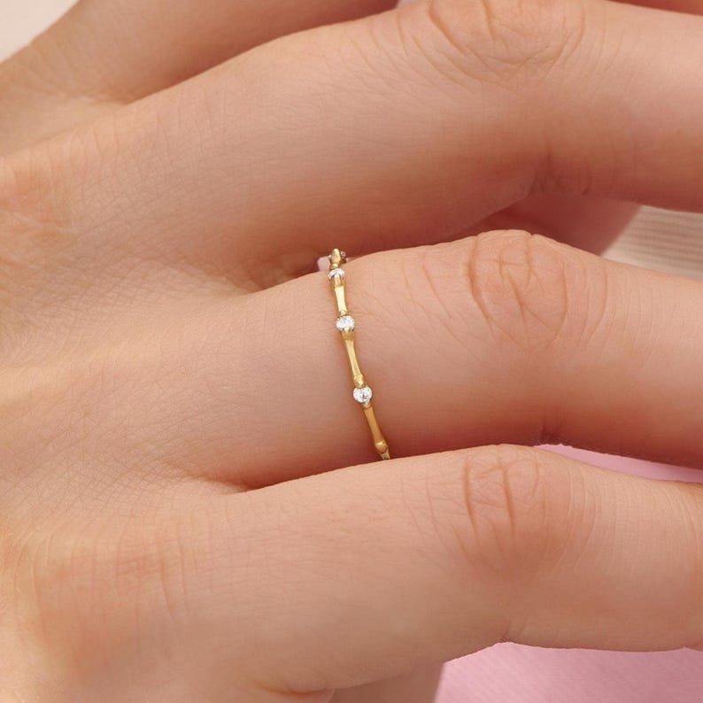 Solid Gold Stacking Ring, Ultra Thin Moissanite Ring Stackable, 10K 14K 18K Real Gold, 1mm Wedding Band, 1/4 Sizes Available Bild 2