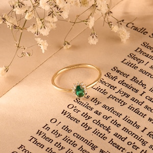 Solid Gold Emerald Promise Ring, 14k Gold Tiny Solitaire Ring for Women, Dainty Green Halo Flower Ring, Minimalist May Birthstone Ring image 6