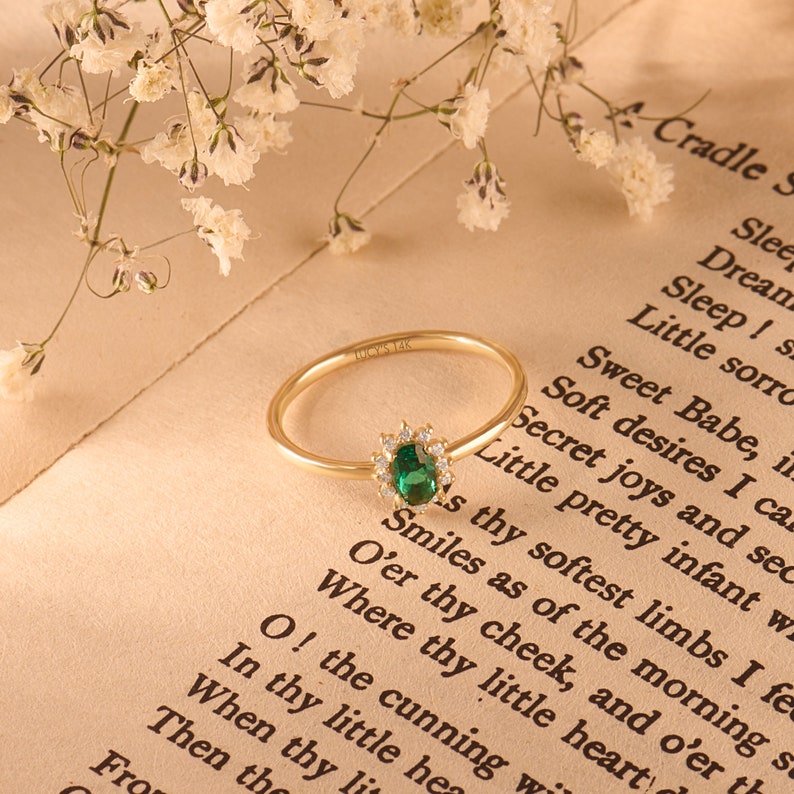 Solid Gold Emerald Promise Ring, 14k Gold Tiny Solitaire Ring for Women, Dainty Green Halo Flower Ring, Minimalist May Birthstone Ring image 6