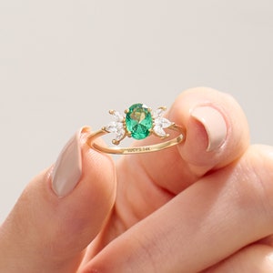 14k Emerald Ring,Solid Gold Flower Solitaire Ring, Oval Engagement Ring Women, Green Floral Ring with Diamonds, May Birthstone Rings for Her image 1