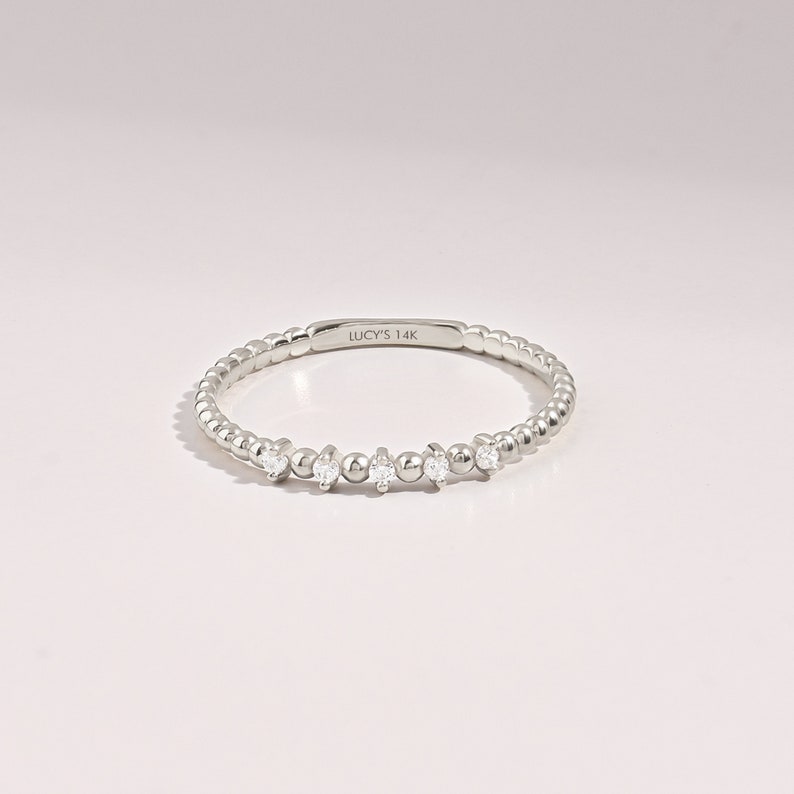 Beaded Thin Ring Enhancer Women Mini Ball Diamond Ring 14k Solid Gold Stackable Wedding Ring Minimalist Dot Pointer Finger Ring image 2