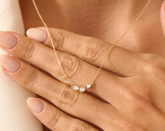 Natural Diamond Pear Necklace, 14K Solid Gold Diamond Necklace, Dainty Three Pear Diamond Necklace, Everyday Fine Jewelry, Gift For Her