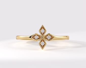 Diamond Cross Ring, 14K Solid Gold Christian Ring for Women, Dainty Faith Ring, Natural Diamond Prayer Ring, Religious Gift, Stackable Cross