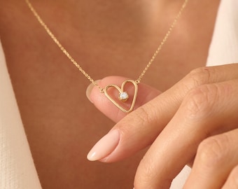 Heart Diamond Necklace, 14K Solid Gold Natural Diamond Heart Necklace, Dainty Minimalist Open Heart Necklace, Romantic Gift For Her