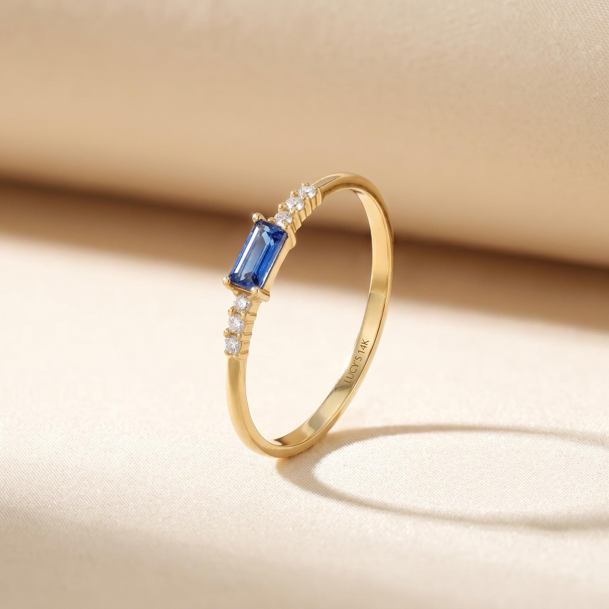 14K Solid Gold Blue Sapphire Baguette Ring, Dainty East West Gemstone Engagement Ring, Minimalist Diamond Stacking Band, Gift for Her