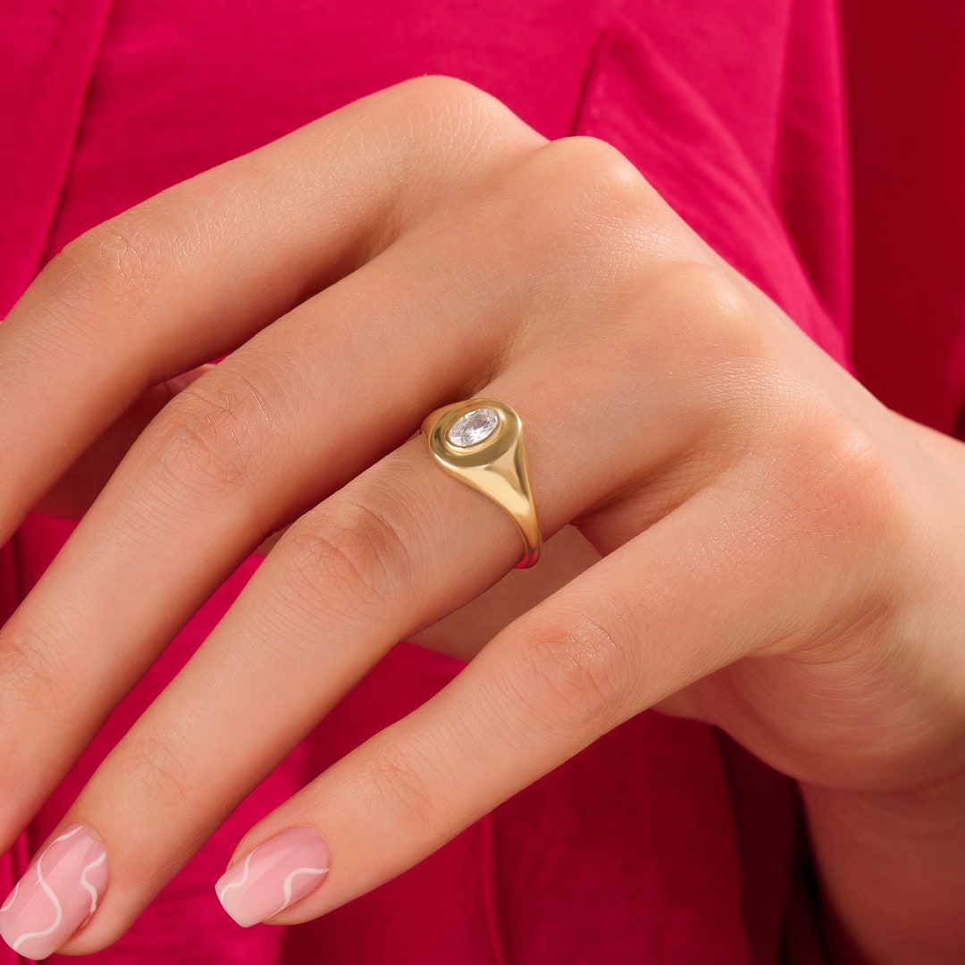 Diamond Oval Ring 14k Bezel Diamond Pinky Ring Women Etsy