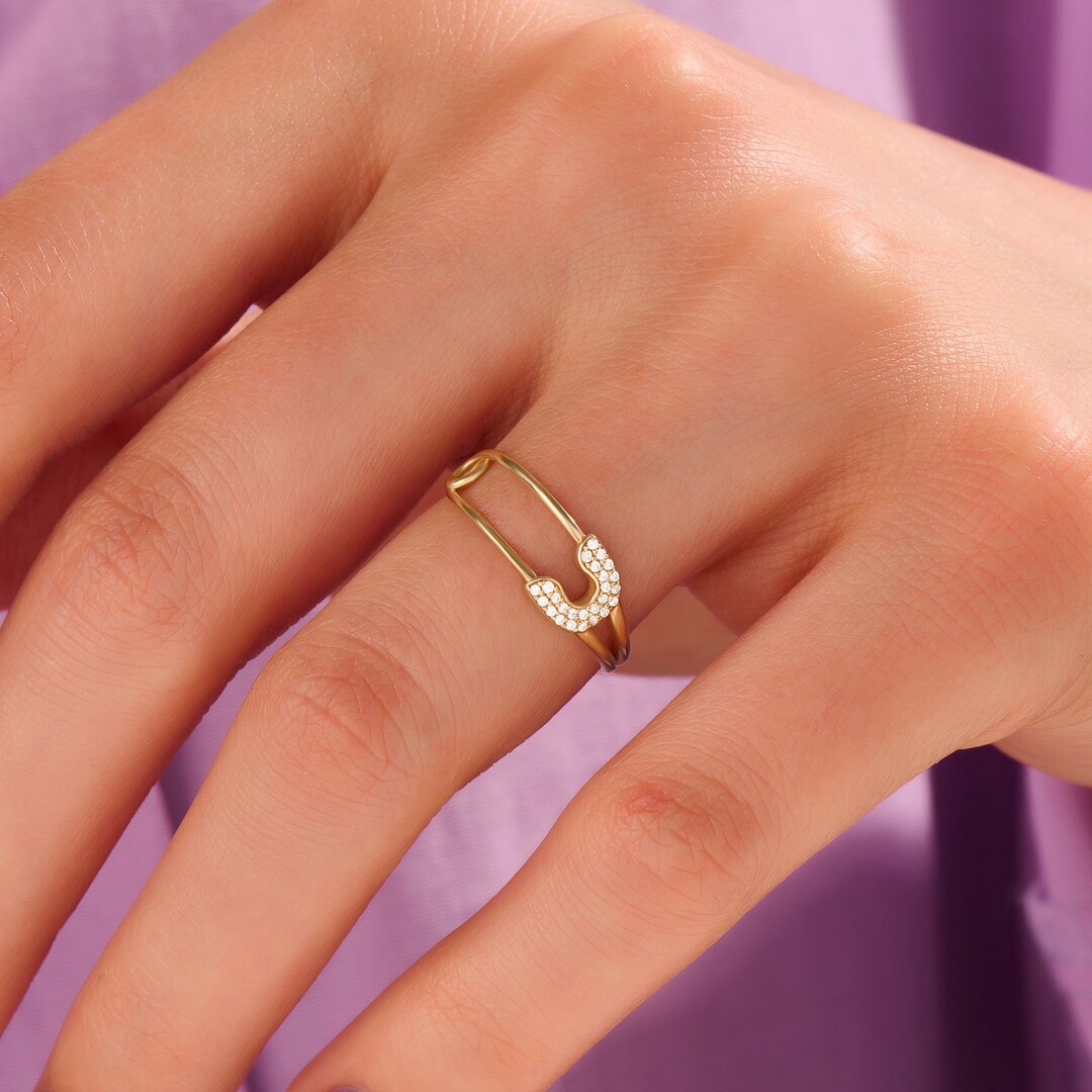 Pave Diamond Safety Pin Ring 14k Solid Gold Unique Statement Ring
