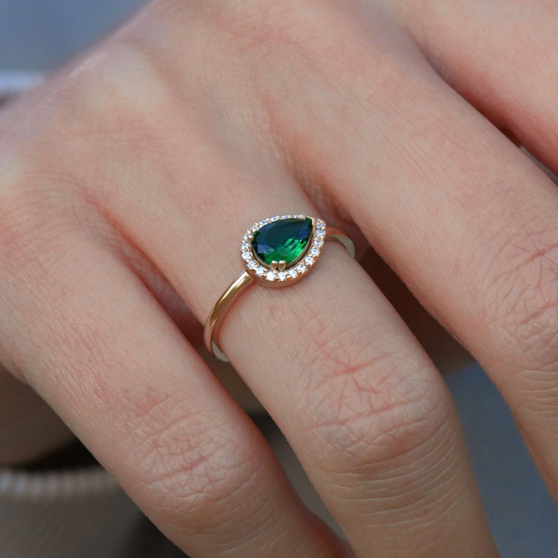 Pear Emerald Halo Ring 14k 10k 18k Solid Gold East West Emerald Ring Teardrop Green Engagement Ring Unique Solitaire Ring with Diamond image 9